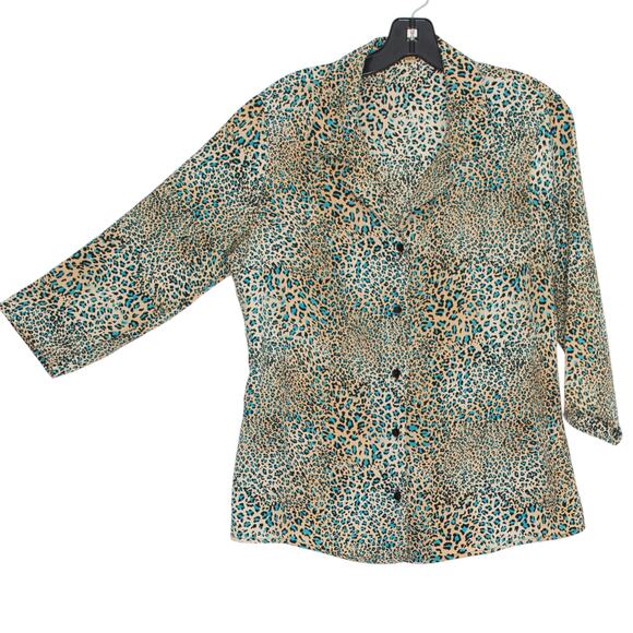 Vintage Notations Top 3/4 Sleeve Leopard Crinkle Animal Y2K Button Up Size Large - Picture 6 of 6